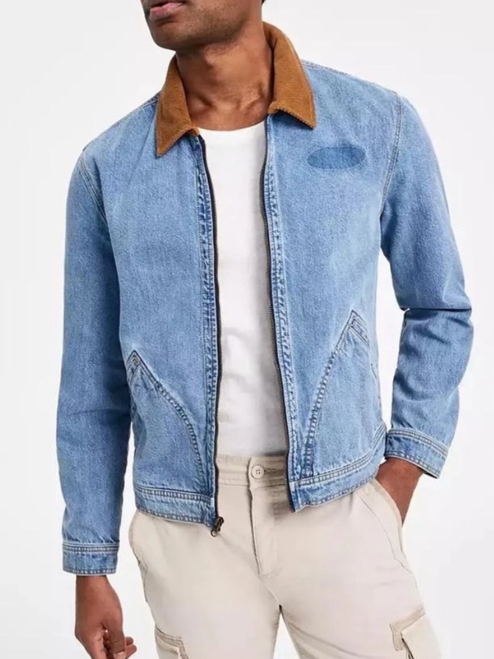 Sun + Stone Denim Jacket with Corduroy Collar and Patch Fade Detailing